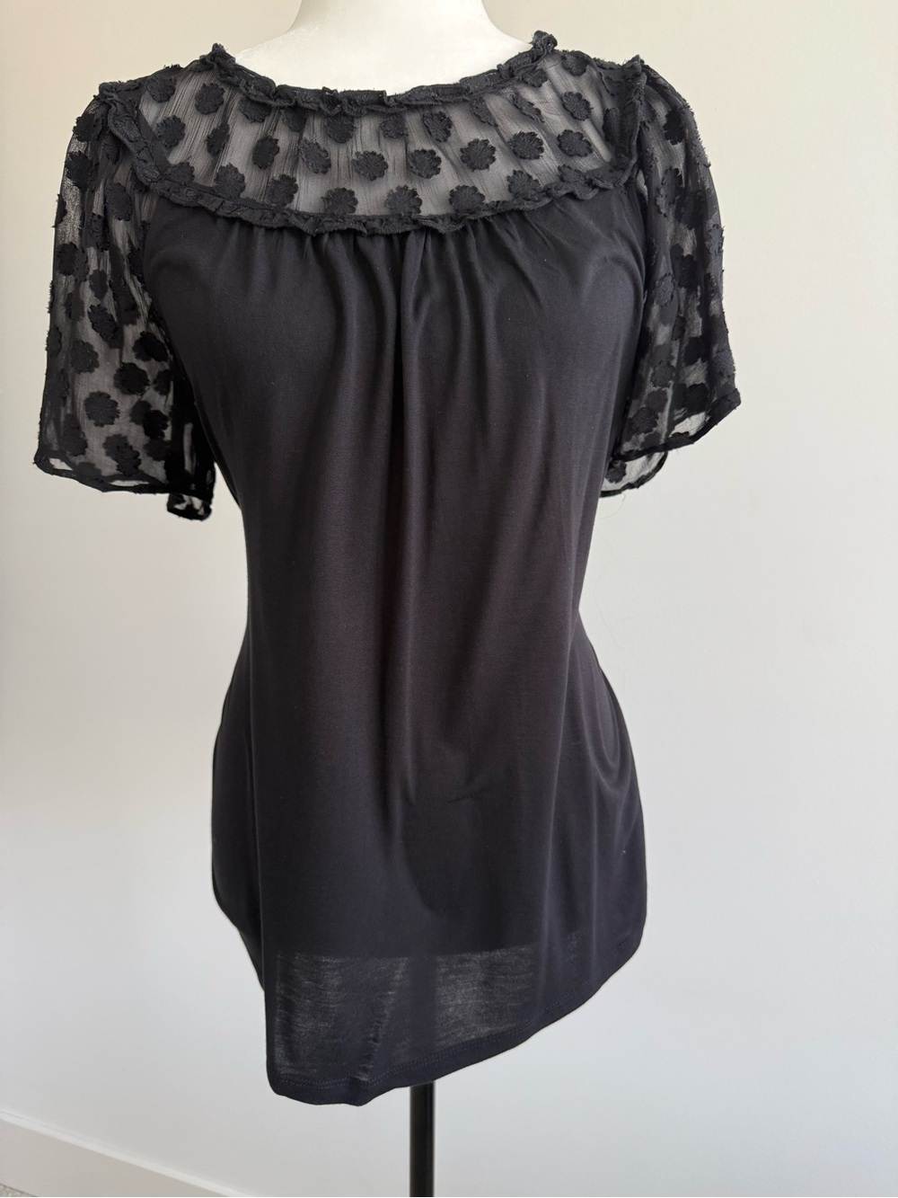 LOFT Black Swiss Dot Yoke Short Sleeve Blouse